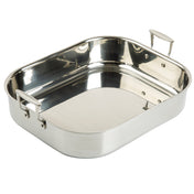A shiny, rectangular tri-ply stainless steel roasting pan with two sturdy side handles, shown on a white background. The interior is smooth and reflective, and the pan has slightly rounded edges and corners.