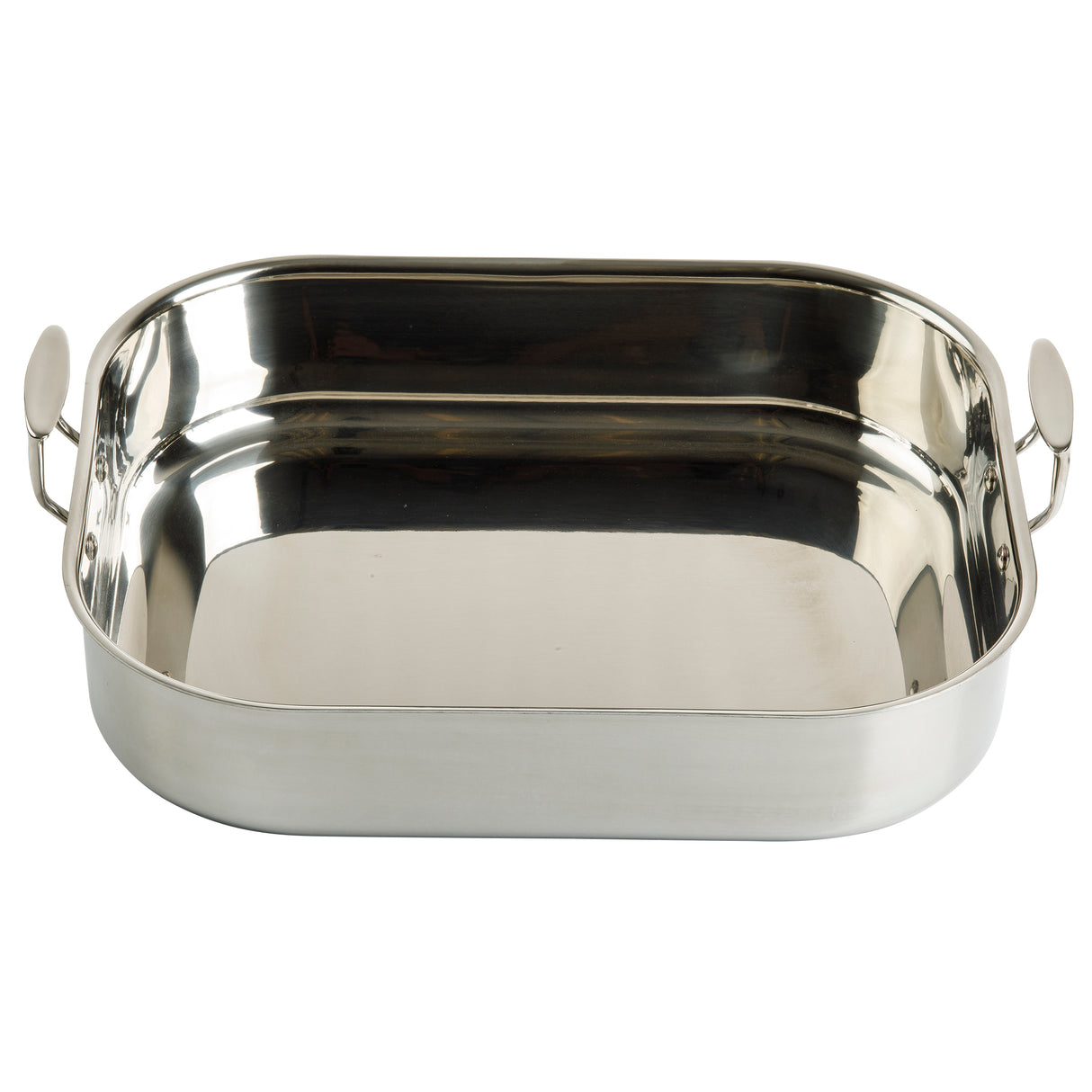 A rectangular tri-ply stainless steel roasting pan with rounded corners, a shiny reflective surface, and two large oval handles sits empty on a plain white background.