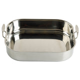 A rectangular tri-ply stainless steel roasting pan with rounded corners, a shiny reflective surface, and two large oval handles sits empty on a plain white background.