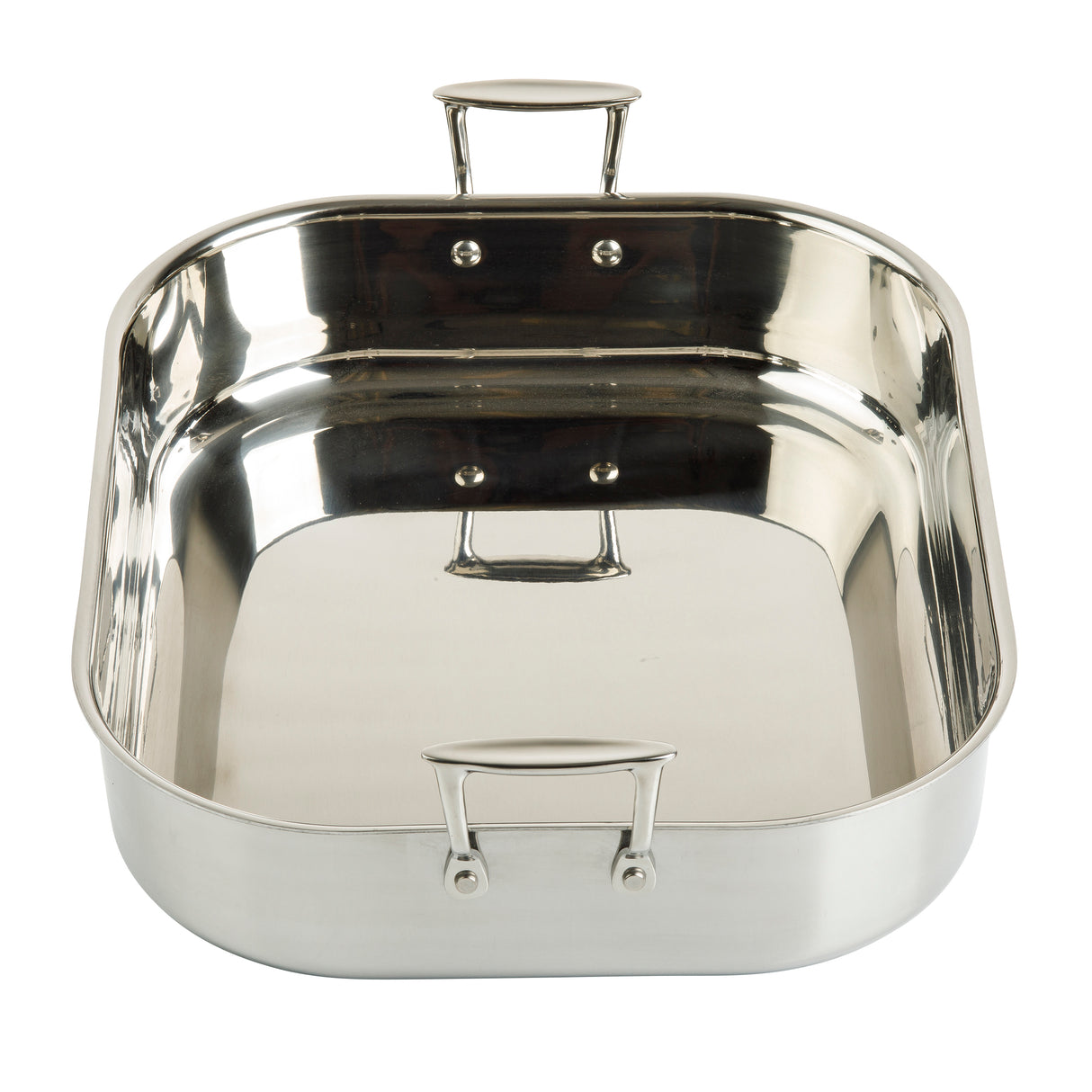 A shiny, rectangular tri-ply stainless steel roasting pan with rounded corners and two metal handles on each short side. The interior is reflective and smooth, and the empty pan is shown from a slightly elevated front angle.