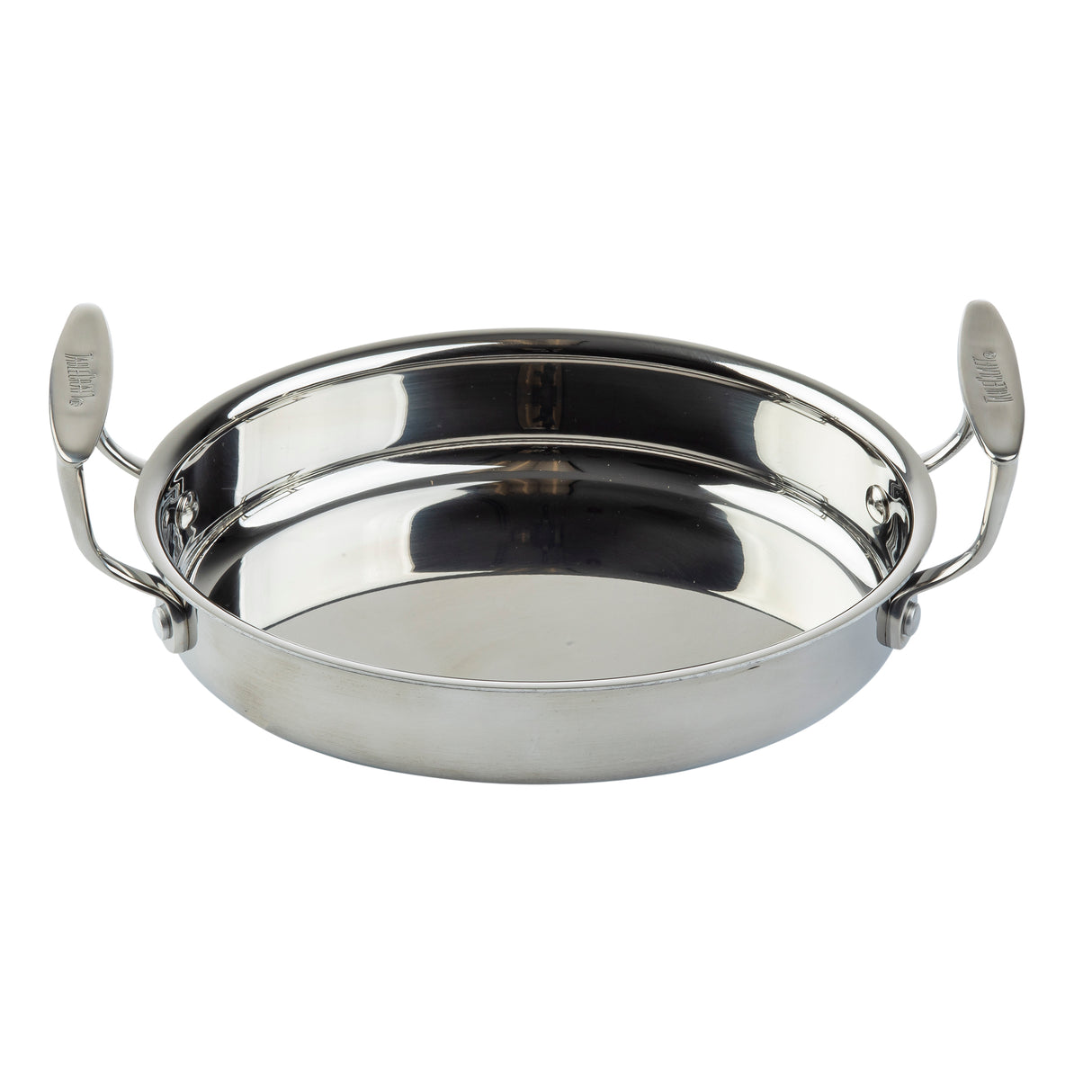 A round, shallow stainless steel oven safe casserole with two sturdy handles curves upward, securely attached to the rim. Its polished surface gleams as it sits on a white background, perfect for stylish cooking and easy serving.