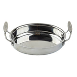 A round, shallow stainless steel oven safe casserole with two sturdy handles curves upward, securely attached to the rim. Its polished surface gleams as it sits on a white background, perfect for stylish cooking and easy serving.