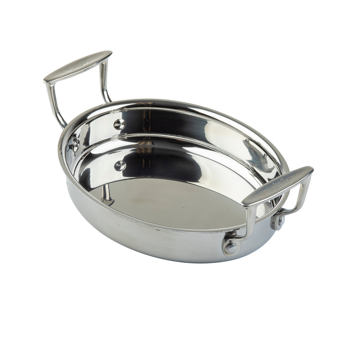 A shiny, stainless steel oval roasting pan with two sturdy side handles sits on a white background. The oven safe casserole features a reflective surface and is deep enough for roasting or baking.