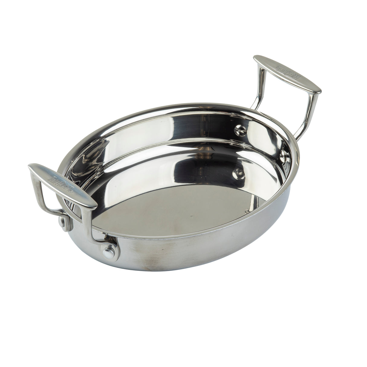 A shiny, oval stainless steel oven safe casserole pan with two sturdy handles on opposite sides. The smooth, reflective surface and slightly flared sides make it perfect for stylish serving, displayed at a slight angle on a plain white background.