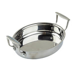 A shiny, oval stainless steel oven safe casserole pan with two sturdy handles on opposite sides. The smooth, reflective surface and slightly flared sides make it perfect for stylish serving, displayed at a slight angle on a plain white background.