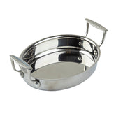 A shiny, oval stainless steel oven safe casserole pan with two sturdy handles on opposite sides. The smooth, reflective surface and slightly flared sides make it perfect for stylish serving, displayed at a slight angle on a plain white background.