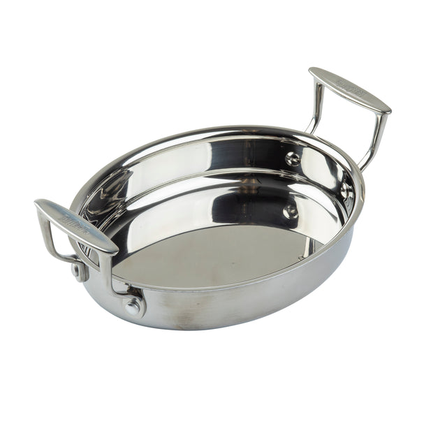 A shiny, oval stainless steel oven safe casserole pan with two sturdy handles on opposite sides. The smooth, reflective surface and slightly flared sides make it perfect for stylish serving, displayed at a slight angle on a plain white background.