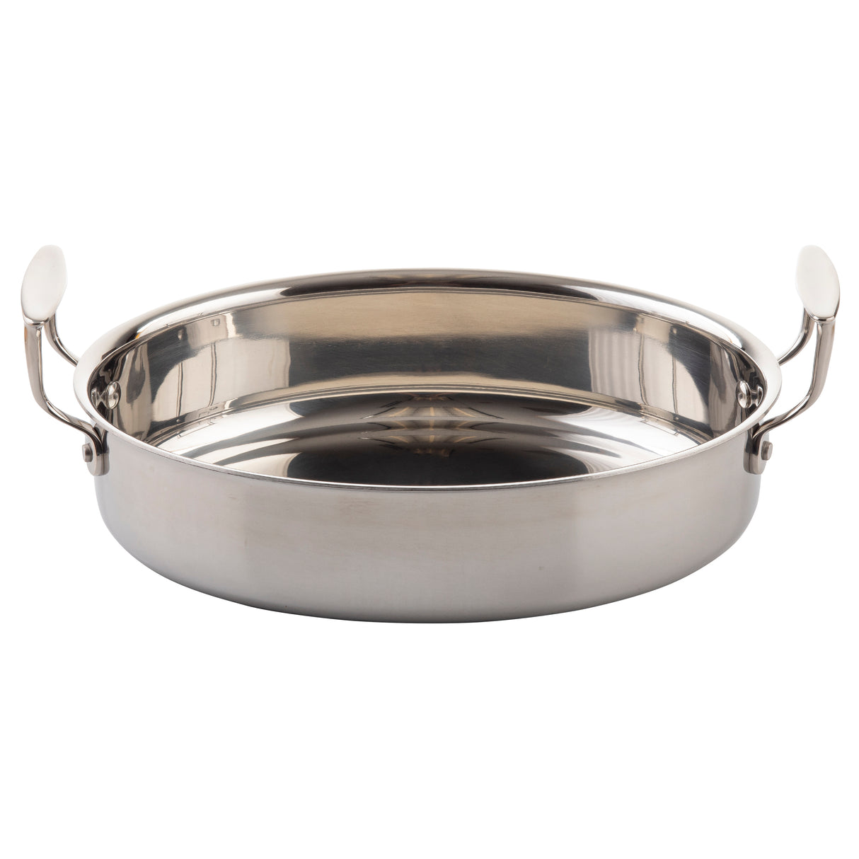 A round, shallow stainless steel pan server with two upright, oval-shaped handles sits empty on a plain white background. Its shiny, reflective surface highlights its sturdy oven safe design and modern appeal.