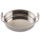 A shiny, round stainless steel pan server with two large, oval-shaped handles on opposite sides, shown on a white background. The high-sided, reflective pan is oven safe and ideal for cooking or serving food.