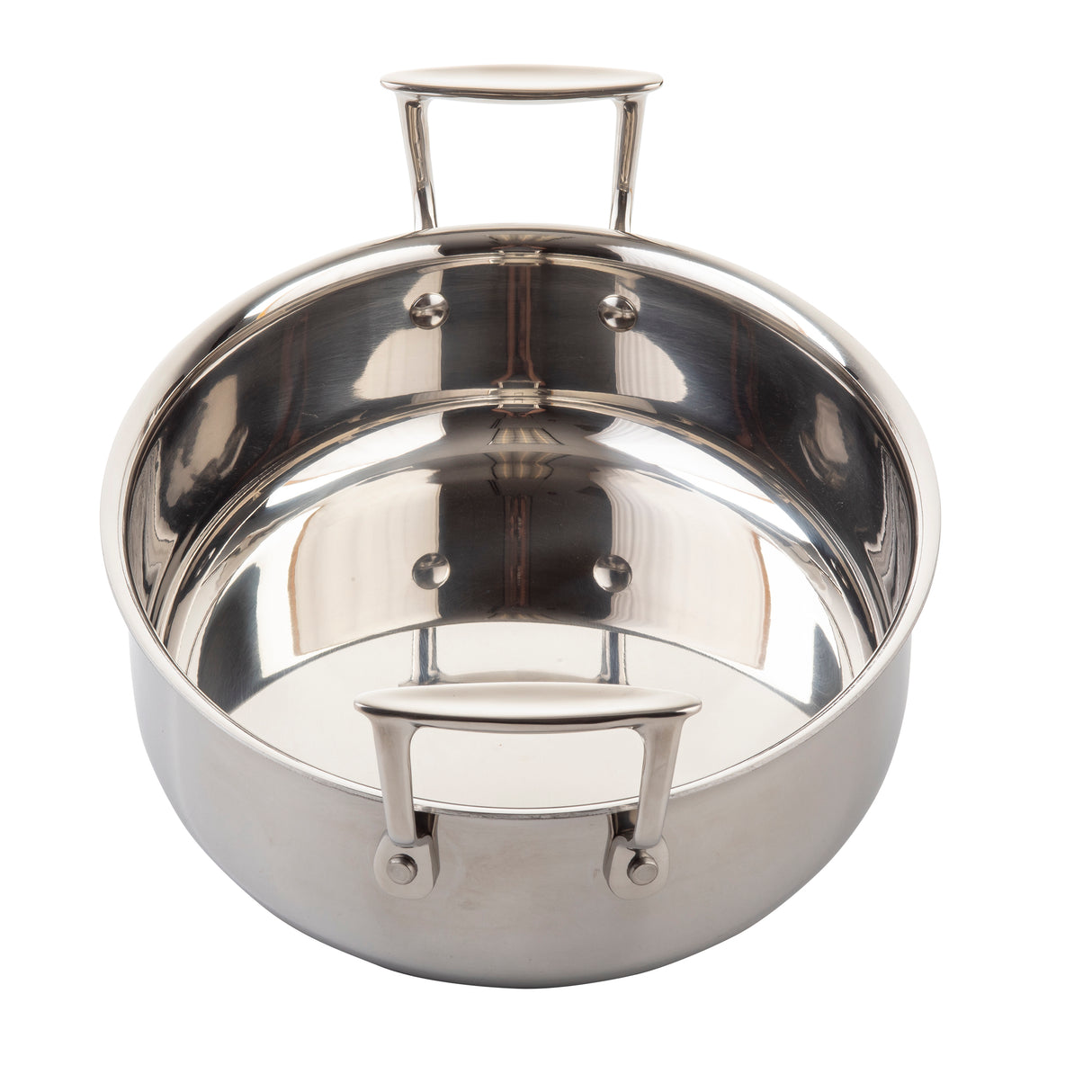 A large, shiny stainless steel pot with two sturdy handles, one on each side. The interior is highly polished and reflective. This oven safe pot sits empty against a white background.