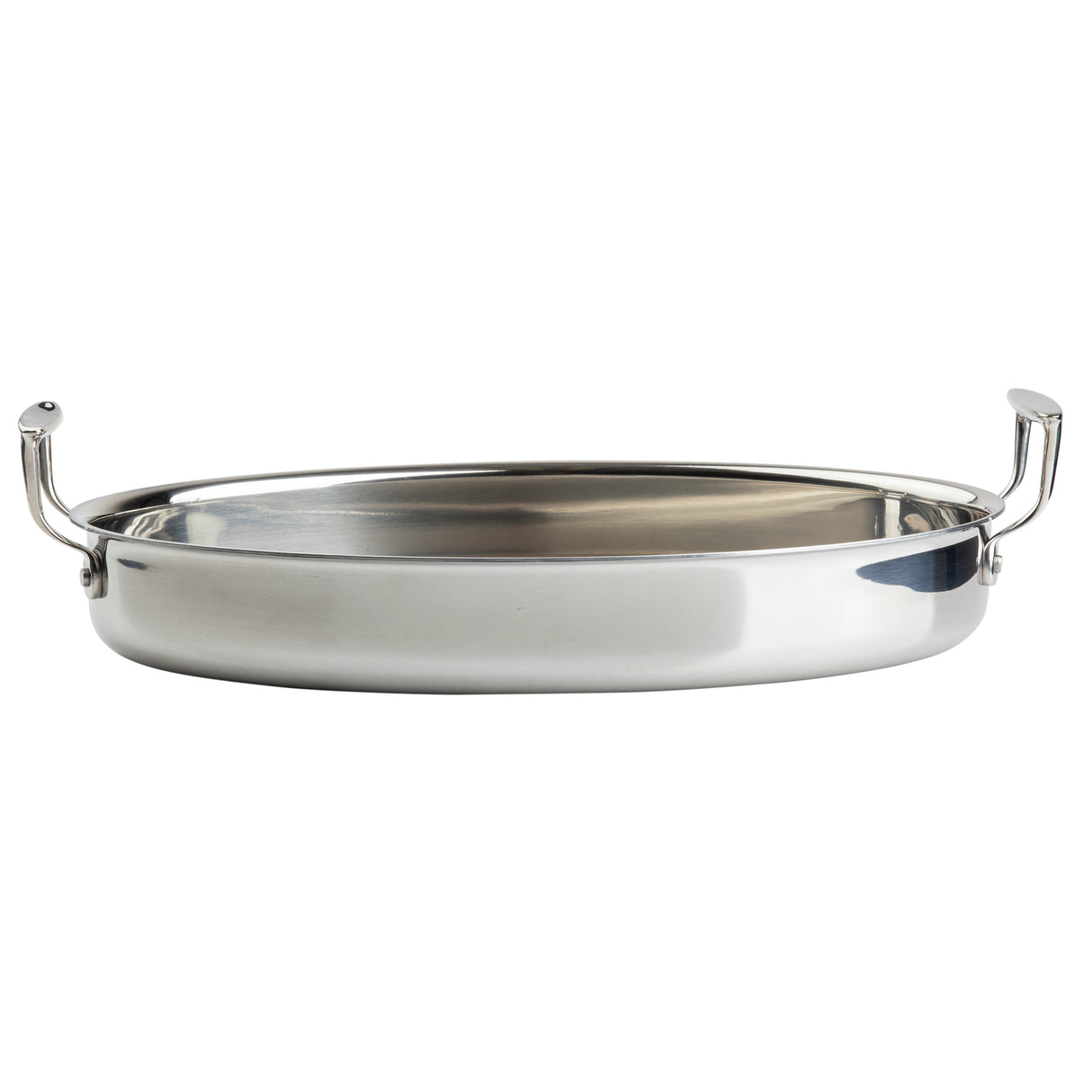 A shiny, stainless steel, round baking or roasting pan server with two sturdy, upward-curving handles on opposite sides. The pan has a smooth, reflective surface and straight sides, and is oven safe. The image is set against a plain white background.