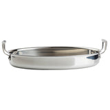 A shiny, stainless steel, round baking or roasting pan server with two sturdy, upward-curving handles on opposite sides. The pan has a smooth, reflective surface and straight sides, and is oven safe. The image is set against a plain white background.