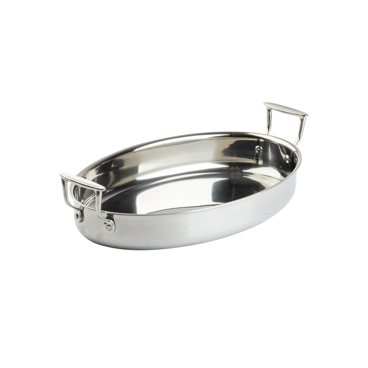 A shiny, oval stainless steel roasting pan with tall, rectangular handles on each end. This oven safe pan has smooth sides, a flat bottom, and is empty, shown against a plain white background.