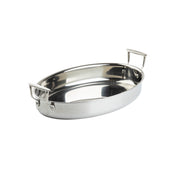 A shiny, oval stainless steel roasting pan with tall, rectangular handles on each end. This oven safe pan has smooth sides, a flat bottom, and is empty, shown against a plain white background.