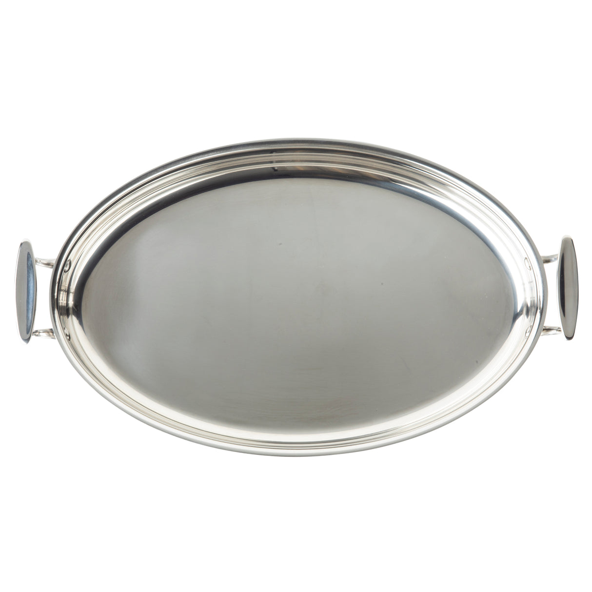 A shiny, oval-shaped stainless steel serving tray with two round, flat handles on each side. The tray features a smooth surface with subtle ridged detailing near the edges and a reflective finish, set against a plain white background.