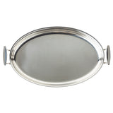 A shiny, oval-shaped stainless steel serving tray with two round, flat handles on each side. The tray features a smooth surface with subtle ridged detailing near the edges and a reflective finish, set against a plain white background.