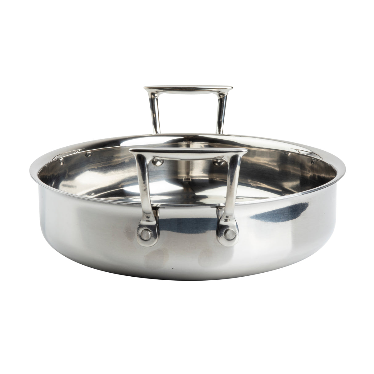 A shiny stainless steel sauté pan with straight sides and two sturdy, riveted metal handles—one on each side—offers oven safe versatility. Its reflective surface gleams against a plain white background.