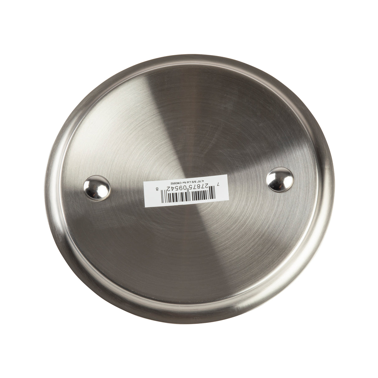 A round, brushed stainless steel wall plate with two screw holes on either side and a white barcode sticker in the center. The surface shows a subtle circular pattern from the brush strokes.