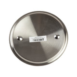 A round, brushed stainless steel wall plate with two screw holes on either side and a white barcode sticker in the center. The surface shows a subtle circular pattern from the brush strokes.