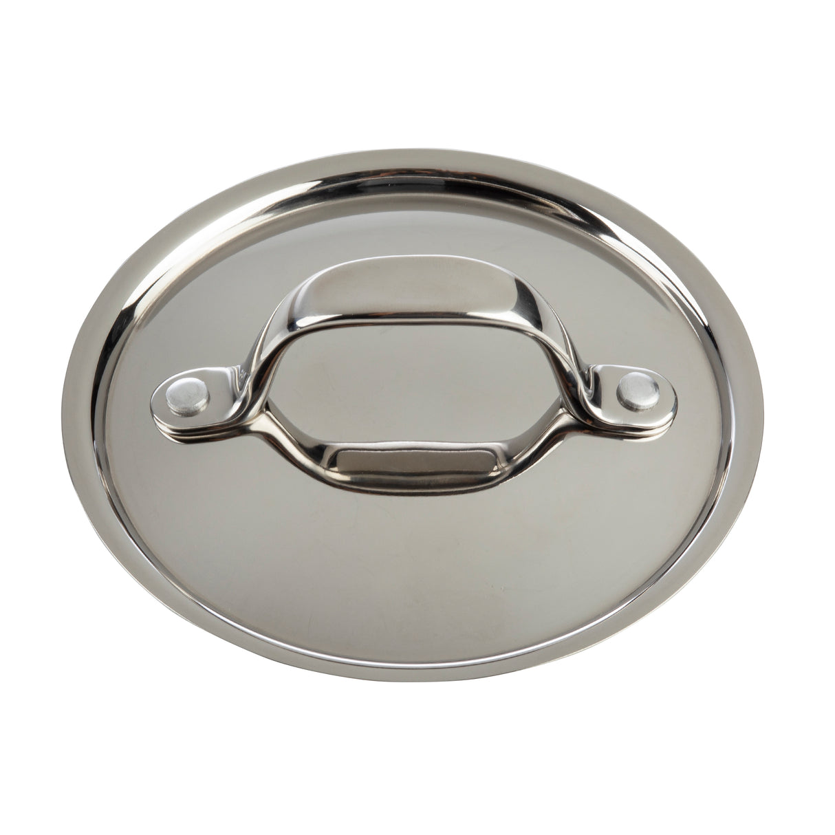 A shiny, round stainless steel pot lid with a wide, flat handle is shown from above on a white background. Its simple design and reflective surface indicate it is dishwasher safe and ideal for cookware such as pots or mini casserole dishes.