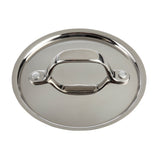 A shiny, round stainless steel pot lid with a wide, flat handle is shown from above on a white background. Its simple design and reflective surface indicate it is dishwasher safe and ideal for cookware such as pots or mini casserole dishes.