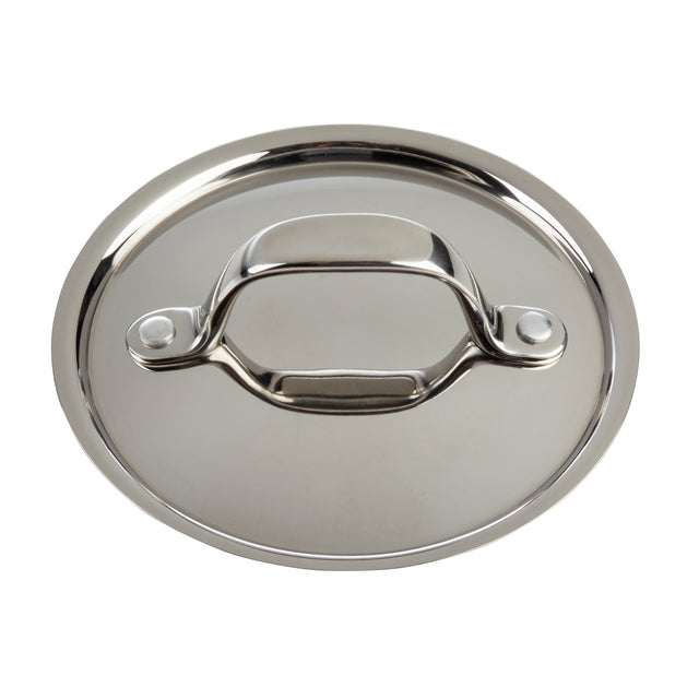 A shiny, round stainless steel pot lid with a wide, flat handle is shown from above on a white background. Its simple design and reflective surface indicate it is dishwasher safe and ideal for cookware such as pots or mini casserole dishes.