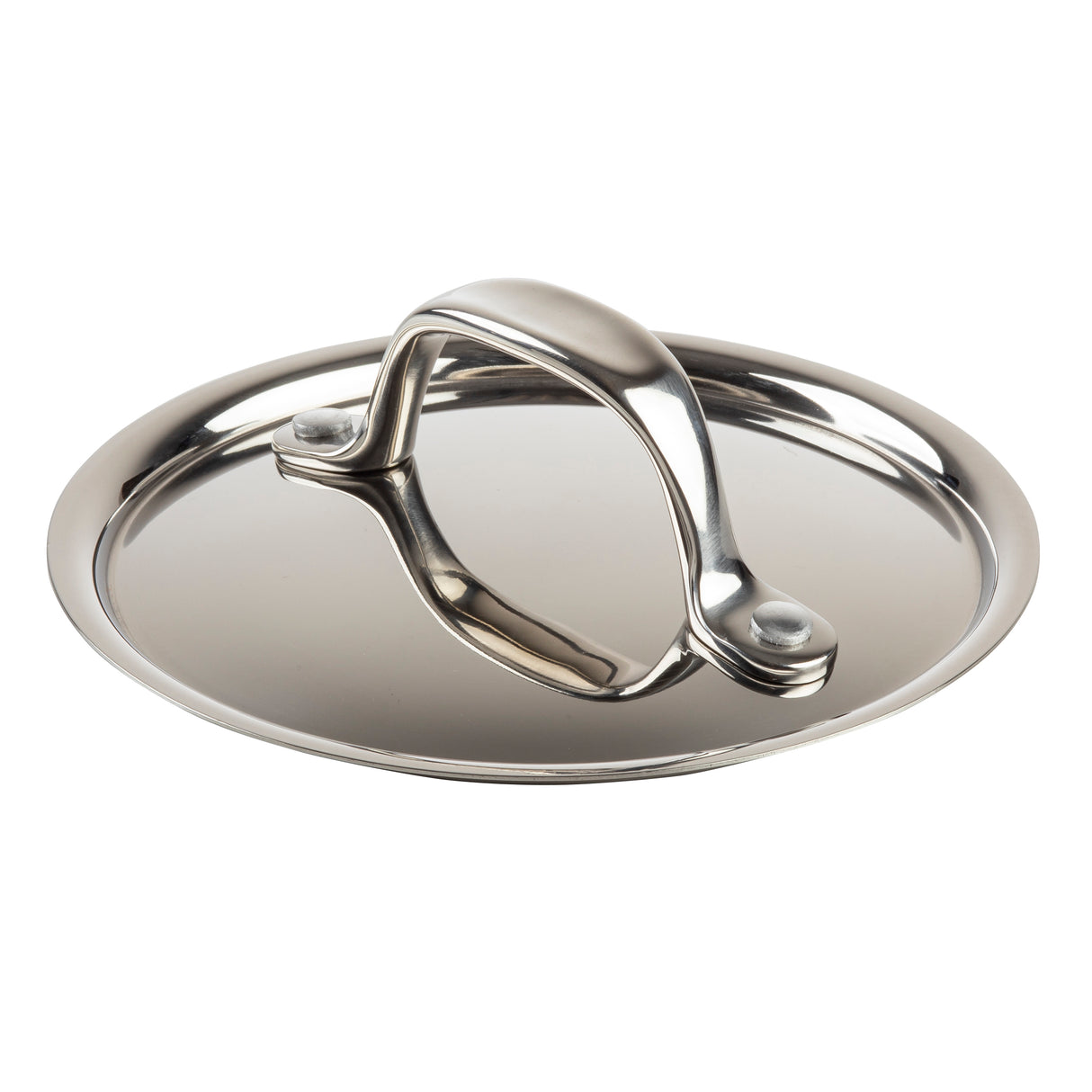 A shiny, stainless steel mini casserole dish lid with a curved handle attached by two rivets. The round, reflective lid is shown against a plain white background and is dishwasher safe for easy cleaning.