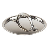 A shiny, stainless steel mini casserole dish lid with a curved handle attached by two rivets. The round, reflective lid is shown against a plain white background and is dishwasher safe for easy cleaning.