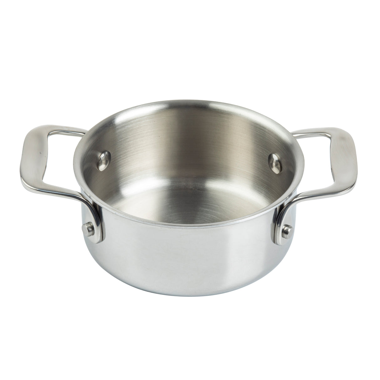 A shiny, tri-ply casserole saucepan with two sturdy, symmetrical handles on either side. The pot is empty and has a smooth, reflective surface, resting on a plain white background. The interior is clean and slightly brushed.