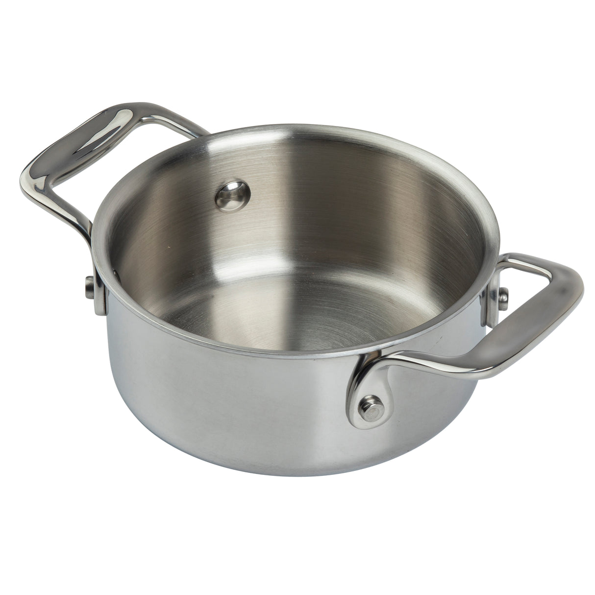 A shiny tri-ply casserole saucepan with a wide, flat bottom, straight sides, and two sturdy handles sits on a plain white background. The smooth, reflective interior makes this dishwasher safe casserole perfect for modern kitchens.