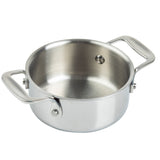 A small, round tri-ply stainless steel Induction Mini Casserole with two wide, flat handles. The smooth, shiny interior gleams, and the pot is empty. It sits on a plain white background and is dishwasher safe for easy cleaning.