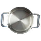 A top-down view of an empty tri-ply casserole pot with two wide, sturdy handles. The brushed stainless steel finish is clean, showing subtle circular patterns inside—perfect for induction cooking and dishwasher safe for easy cleanup.