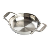 A shiny, tri-ply casserole sauté pan with a wide, flat base and gently sloped sides. It has two sturdy, curved handles attached on opposite sides and sits on a plain white background, highlighting its polished stainless steel surface.