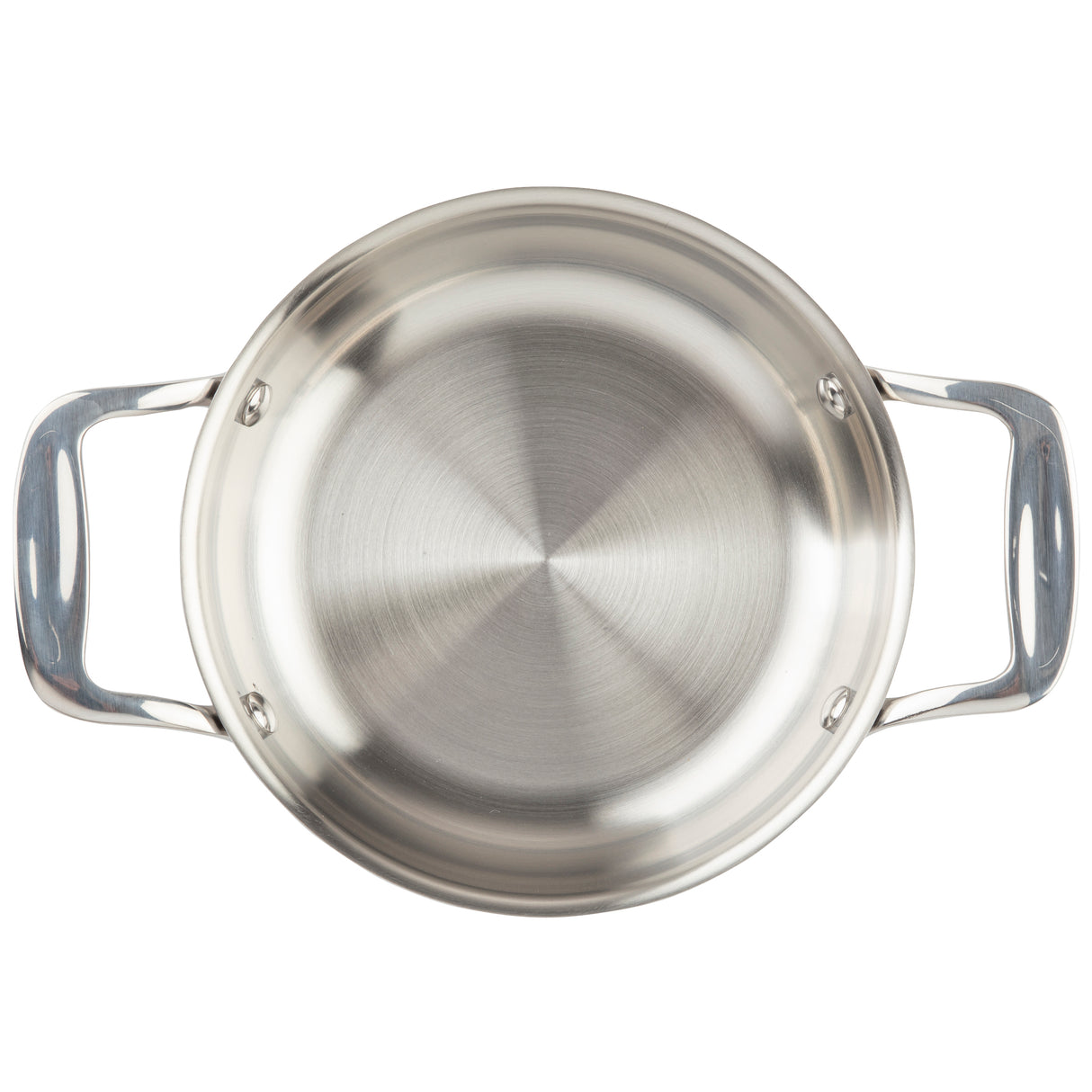 A top-down view of an Induction Mini Casserole pot with two wide handles on either side. The pot is empty, showcasing its shiny, brushed metal surface and circular patterns. The handles are attached with rivets.