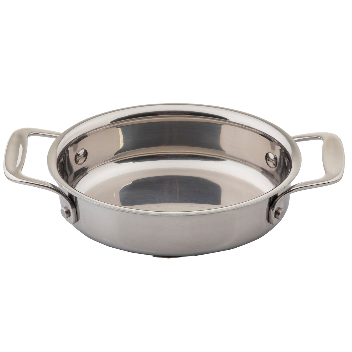 A shiny, round stainless steel shallow pan with two sturdy handles on opposite sides. This oven safe pan features a reflective surface and smooth edges, sitting empty against a plain white background.