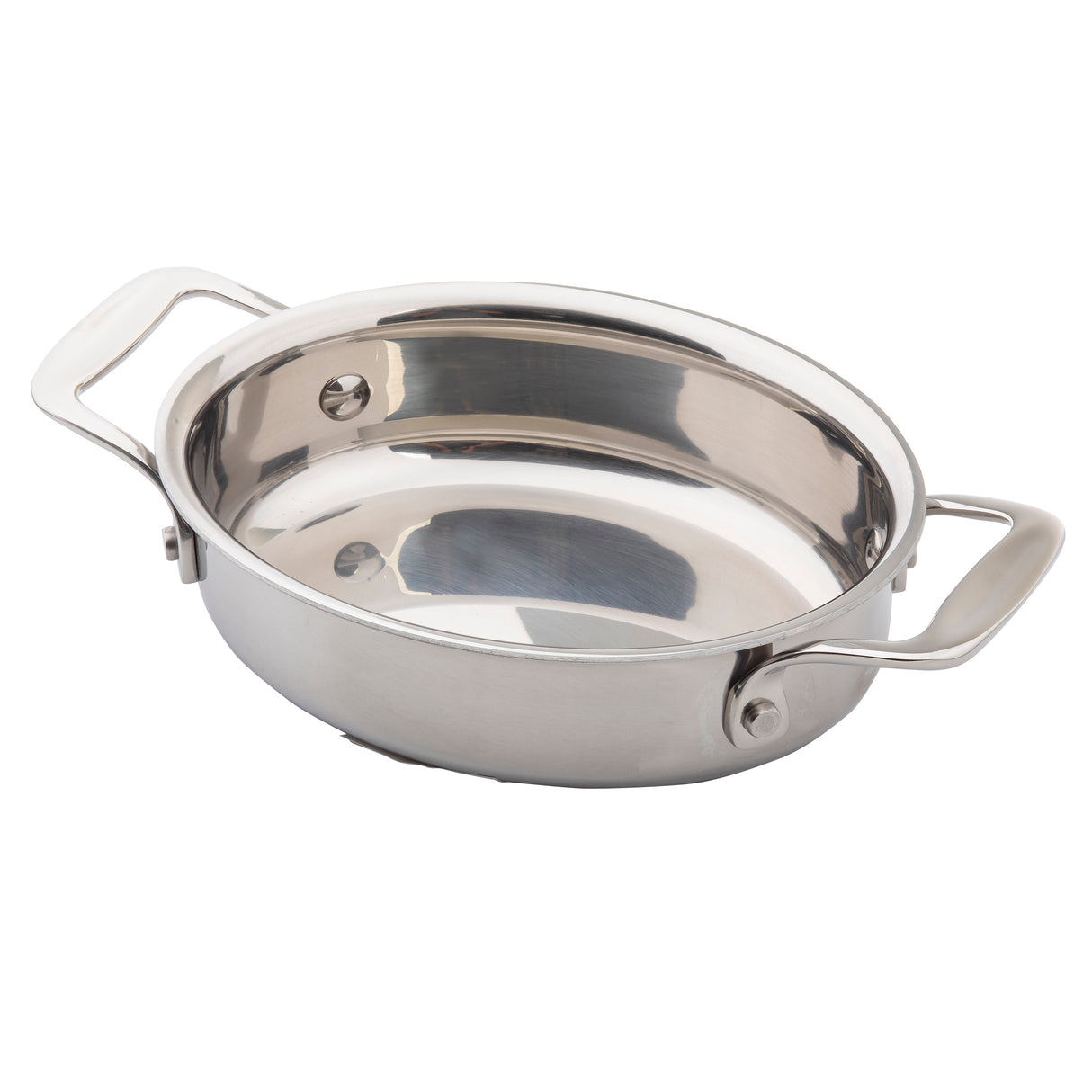A shiny, empty stainless steel saucepan with two wide handles sits on a white background. This oven safe Induction Mini Casserole has a round shape, gently sloped sides, and reflects light off its polished surface.