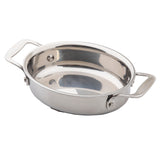 A shiny, empty stainless steel saucepan with two wide handles sits on a white background. This oven safe Induction Mini Casserole has a round shape, gently sloped sides, and reflects light off its polished surface.