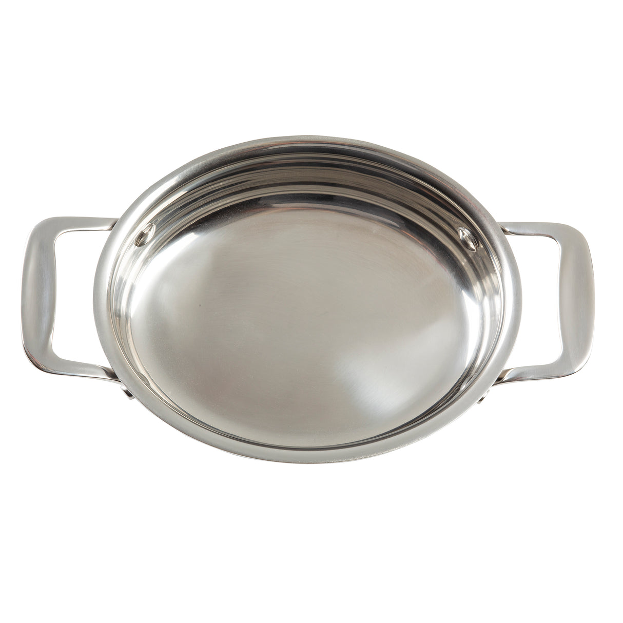 A shiny, round stainless steel Induction Mini Casserole is shown from above. It has two wide, flat handles and a smooth, reflective interior surface. Dishwasher safe, the pot is empty and placed against a white background.