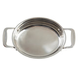 A shiny, round stainless steel Induction Mini Casserole is shown from above. It has two wide, flat handles and a smooth, reflective interior surface. Dishwasher safe, the pot is empty and placed against a white background.