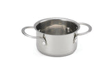 A shiny, oven safe stainless steel pot with two large handles sits on a plain white background. Its smooth, reflective surface and metallic interior make it perfect as a stylish mini server. The pot has no lid.