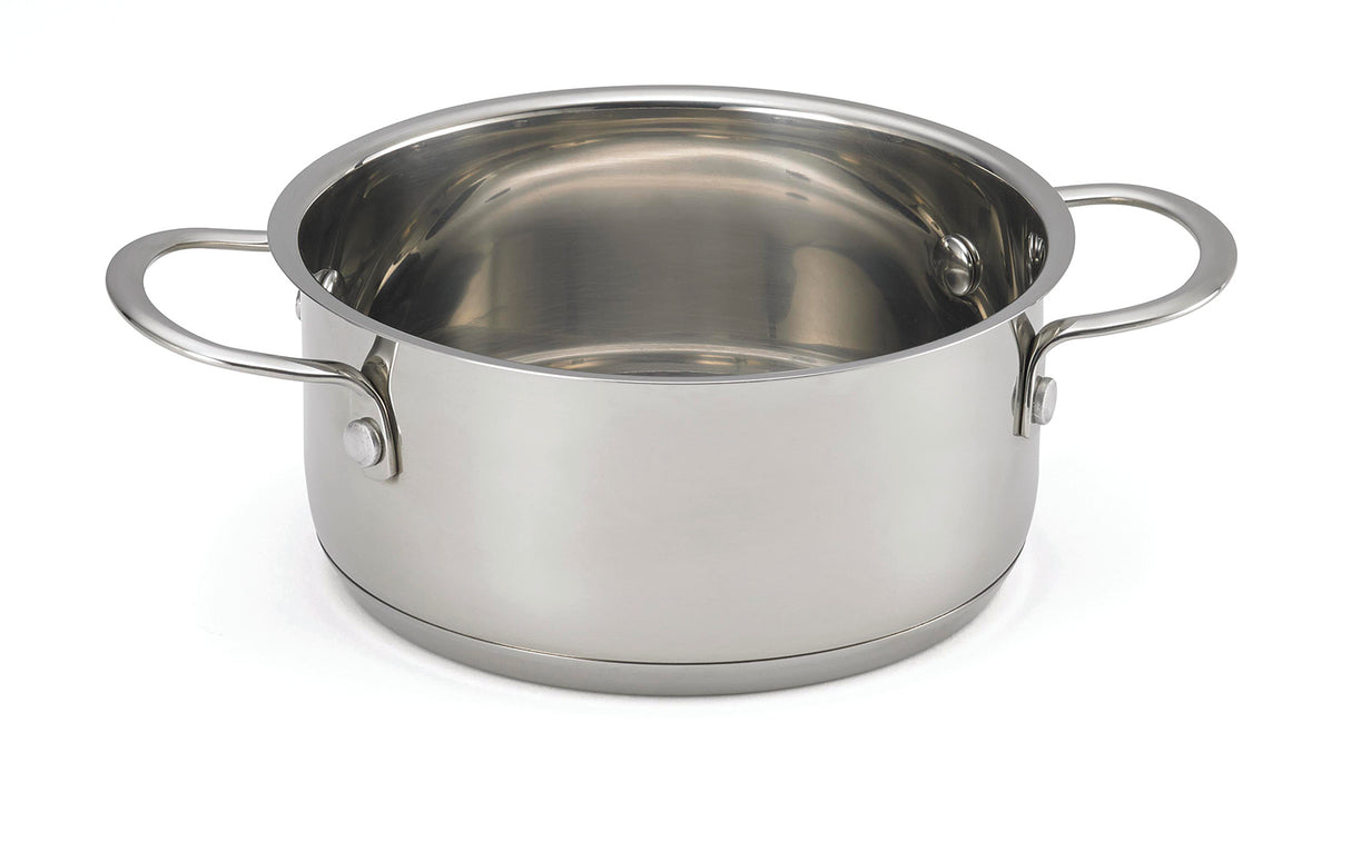 A shiny, oven safe stainless steel cooking pot with two large handles on each side sits on a white background. The empty pot features a reflective inner and outer surface and a smooth, rounded base.