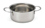A shiny, oven safe stainless steel cooking pot with two large handles on each side sits on a white background. The empty pot features a reflective inner and outer surface and a smooth, rounded base.