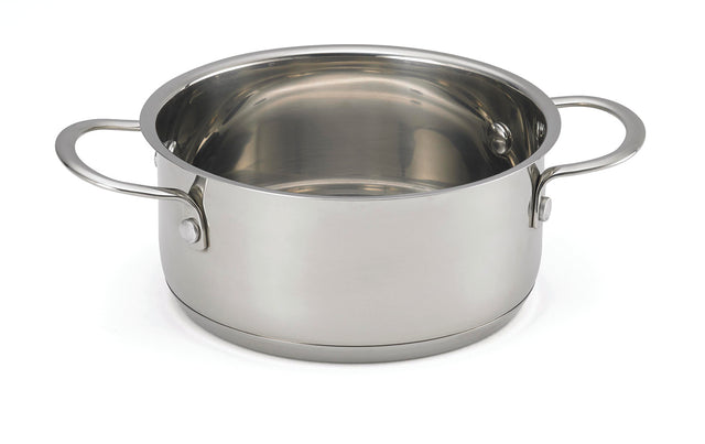 A shiny, oven safe stainless steel cooking pot with two large handles on each side sits on a white background. The empty pot features a reflective inner and outer surface and a smooth, rounded base.