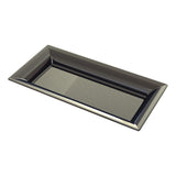 A rectangular, glossy black cast aluminum platter with raised, angled edges and a smooth, reflective surface, shown on a white background.