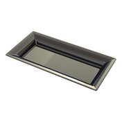 A rectangular, glossy black cast aluminum platter with raised, angled edges and a smooth, reflective surface, shown on a white background.
