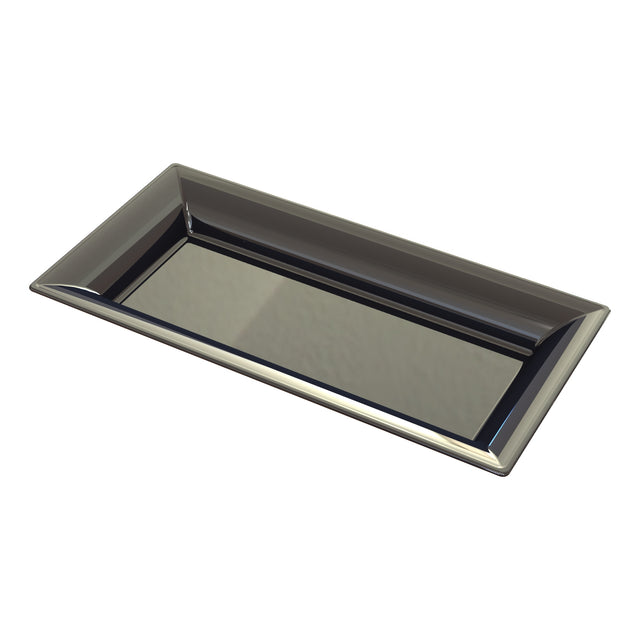 A rectangular, glossy black cast aluminum platter with raised, angled edges and a smooth, reflective surface, shown on a white background.