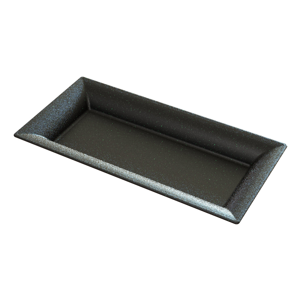 A rectangular, black serving platter with upward-sloping edges and a slight speckled texture, photographed on a white background. The tray has a simple, modern design and appears to be made of plastic or melamine.