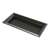 A rectangular, black serving platter with upward-sloping edges and a slight speckled texture, photographed on a white background. The tray has a simple, modern design and appears to be made of plastic or melamine.