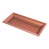 A rectangular cast aluminum platter with slanted edges and a matte, copper-colored finish, shown on a white background. The tray appears shallow and modern in design, with clean lines and a subtle sheen.