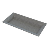 A rectangular, shallow, gray cast aluminum tray with slightly slanted sides and a smooth surface, set against a white background. This platter features a minimalist, modern design ideal for cold holding and stylish serveware needs.